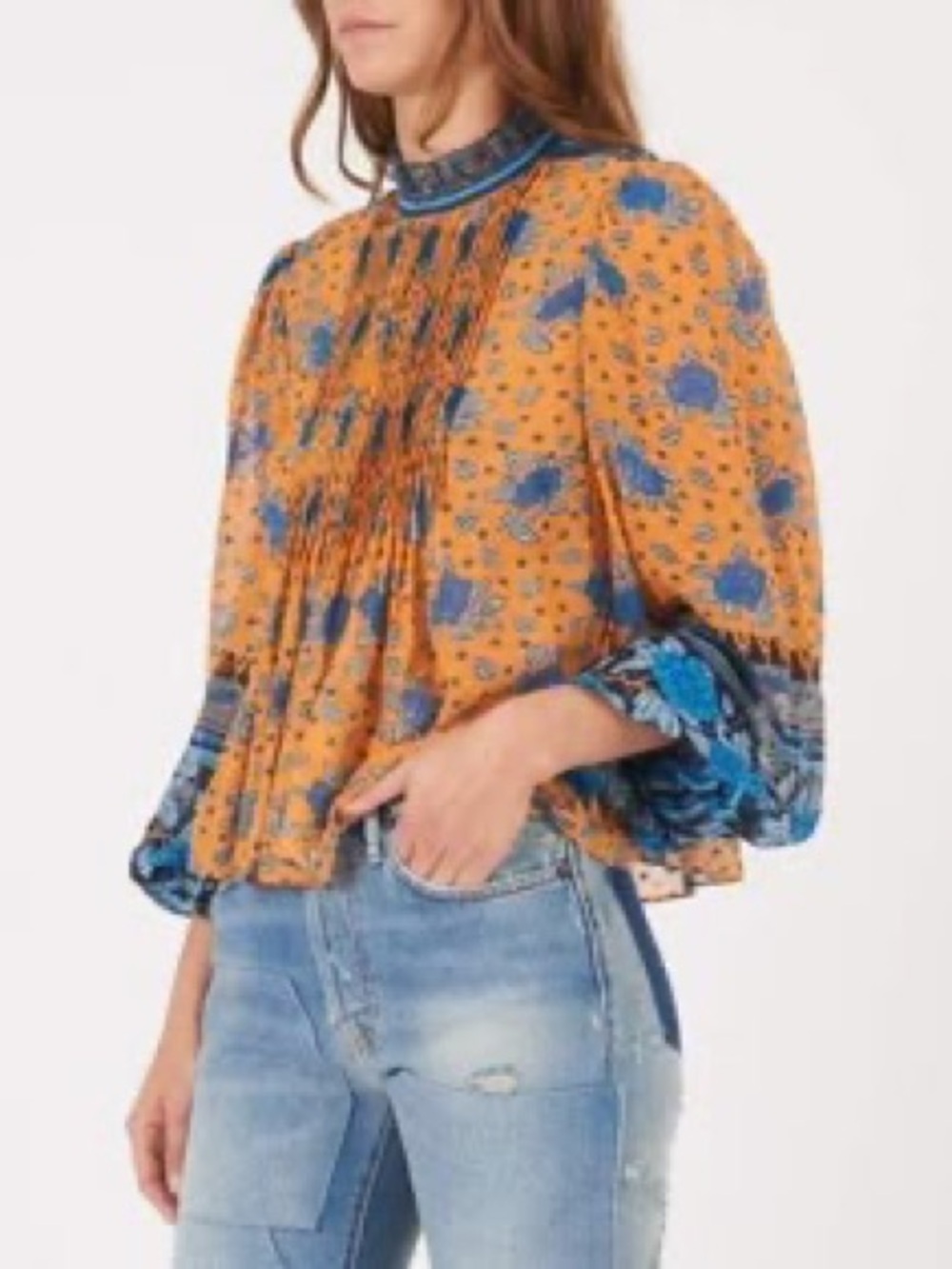 Ulla Johnson Boho Floral Pintuck Peasant Blouse - Orange size 0